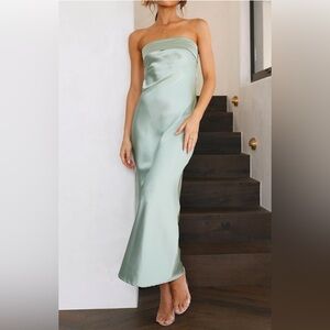 MEROKEETY  Strapless Satin Tube Bodycon Backless Wedding Guest Maxi Dress
